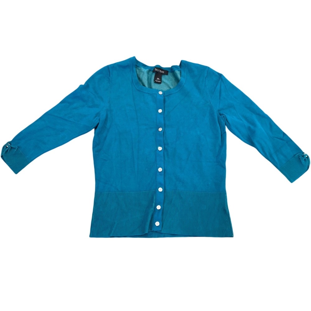 White House Black Market Teal Blue 3/4 Sleeve Bow Cuff Button Cardigan XS